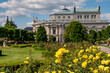 Rosengarten in Wien mit dem Burgtheater als Hintergrund