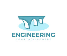 Old Bridge Over The River, Engineering And Construction, Logo Design. Architecture, Engineering Structure And River Crossing, Vector Design And Illustration