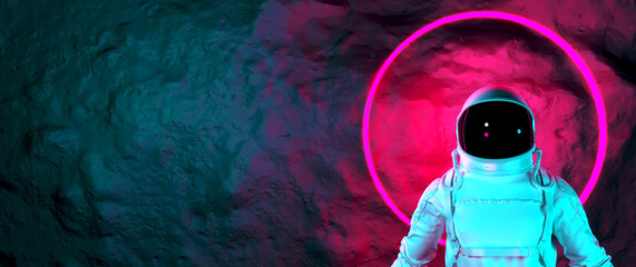 Wall Mural - astronaut with colorful visor and white spacesuit with pink and blue moody 80s lighting front, neon 