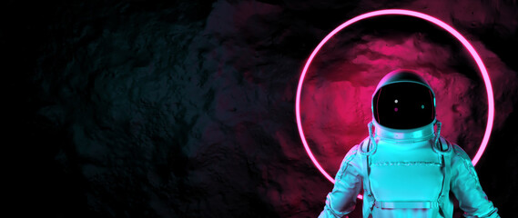 Wall Mural - astronaut with colorful visor and white spacesuit with pink and blue moody 80s lighting front, neon 