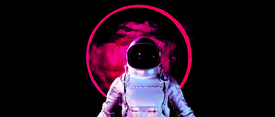 Wall Mural - astronaut with colorful visor and white spacesuit with pink and blue moody 80s lighting front, neon 