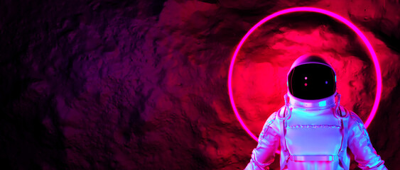 Wall Mural - astronaut with colorful visor and white spacesuit with pink and blue moody 80s lighting front, neon 