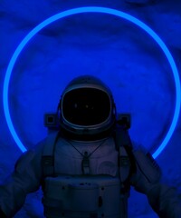 Wall Mural - astronaut with colorful visor and white spacesuit with blue moody 80s lighting front, neon circle. 3