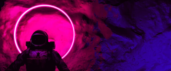 Wall Mural - astronaut with colorful visor and white spacesuit with pink and blue moody 80s lighting front, neon 
