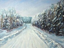 Country Road In Winter. Oil Painting. Forest And Road. Winter Weather