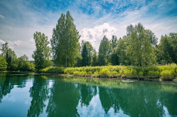 Wall Mural - Summer panoramic landscape view from a hill, trees on a wide green meadow, a winding river and a forest in the distance.