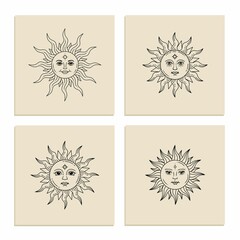 Set of boho mystic and celestial suns with faces. Vector silhouette design. Alchemy and astrology symbol. Solar sign. Tattoo. Monochrome celestial print. Engraving vintage illustration.