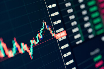 Stock exchange online trading platform chart falling price graph candlesticks bars indexes digital data on cryptocurrency global trade market platform. Computer screen closeup view background.