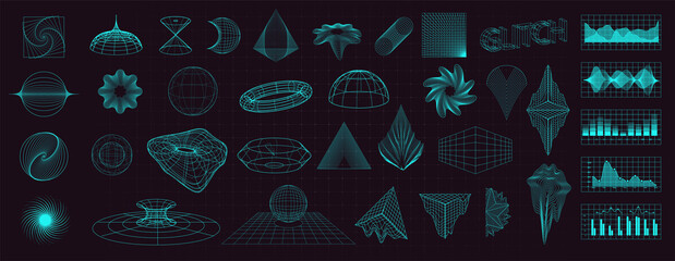 Abstract shapes collection is a trending mixture modern diverse design elements, geometric shapes. Cyberpunk retro futurism set, vaporwave. Memphis design elements for web, advertisement,posters