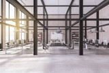 Fototapeta Perspektywa 3d - Modern loft brick and concrete coworking office interior with furniture, computer monitors and sunlight. Workplace, design and room concept. 3D Rendering.