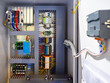 © Grispb - Electrical circuits. Electrical wires by control panel. Industrial electrical concept. PLC wiring control panel. Structured networking equipment. PLC cabinet with automatic machines.