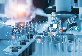Double exposure microscope Young woman scientific using equipment in the laboratory for research.Biotechnology,development,chemical,study,vaccine,COVID-19. Photo concept experimentation and research.