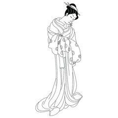 Wall Mural - Standing beautiful Japanese girl wearing kimono. Traditional style. Black and white silhouette.