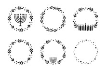 Hanukkah Floral Wreath With Menorah, Candle Vector Illustration Set. Jewish Holiday Chanukah Typography. Hand-drawn Festive Party Decoration. Hanuka Greeting Card With A Traditional Symbol.