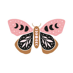 Wall Mural - Celestial moon butterfly vector illustration. Mystical luna moth with moon phases. Magic floral insect on white background. Design for boho poster, card, t shirt print.