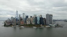 Aerial Drone View Towards The Lower Manhattan Skyline From Hudson River, In Cloudy NYC, USA