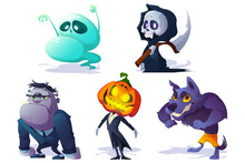 Scary Halloween Characters And Monsters. Jack Pumpkin Head, Ghost, Zombie, Werewolf And Death Isolated On White Background. Vector Cartoon Set Of Spooky Magic Creatures