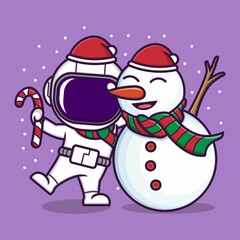 Wall Mural - cute cartoon astronaut with snowman on christmas. vector illustration for mascot logo or sticker