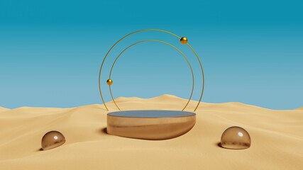 Fototapete - Glass cylinder podium with golden round frame on a desert landscape.Product display plateform template.3D render illustration.