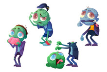 Scary Zombie Character In Different Poses Isolated On White Background. Vector Cartoon Set Of Creepy Dead Man Eats Brain, Lost Head And Arm. Spooky Halloween Undead Monster