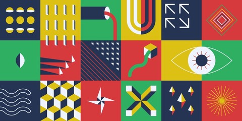 Abstract geometric forms. Bold brutalism figures design, primitive bauhaus tiles collage of basic shapes, minimalistic colorful ornament. Vector neo geo set