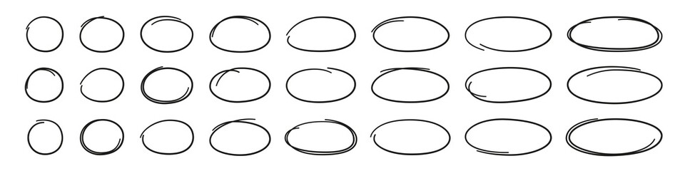 hand drawn ovals and circles set. ovals of different widths. highlight circle frames. ellipses in do