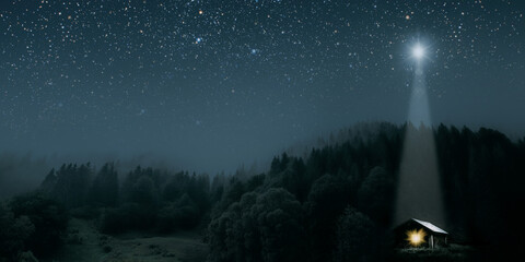 Wall Mural - the star shines over the manger of christmas of jesus christ. panorama