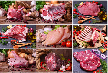 Wall Mural - Fresh meat of beef, pork, mutton and chicken with vegetables and spices.