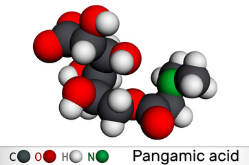 Sticker - Pangamic acid, pangamate molecule. It is vitamin B15, ester derived from gluconic acid and dimethylglycine. Molecular model. 3D rendering