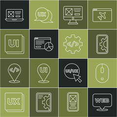 Set line Web and graphic design, Computer mouse, development, UI or UX, Website statistic, and Front end icon. Vector