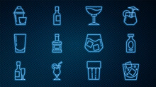 Set Line Glass Of Whiskey, Alcohol Drink Rum, Wine Glass, Whiskey Bottle, With Water, Cocktail Shaker, And Champagne Icon. Vector