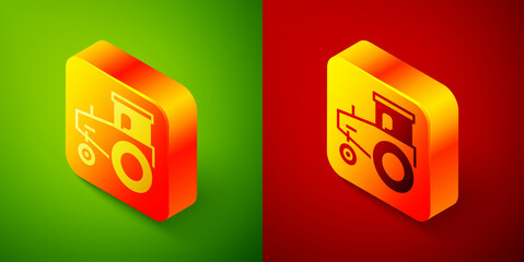 Poster - Isometric Tractor icon isolated on green and red background. Square button. Vector