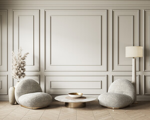 beige classic interior with lounge soft armchairs, decor and moldings wall panel. 3d render illustra