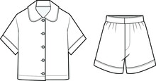 women loungewear button down short sleeve shirt and boxer shorts sleepwear pyjama set flat sketch vector illustration
