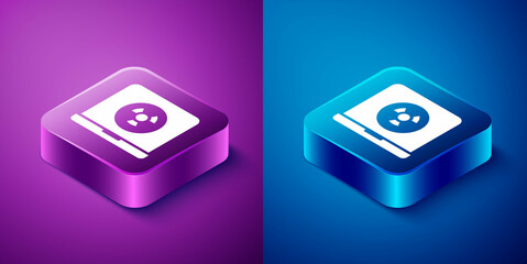 Sticker - Isometric Nuclear laptop icon isolated on blue and purple background. Square button. Vector