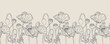 Vector horizontal hand darwn poppy flower. Seamless border. Eps 10. Line-art botanical illustration. Floral backdrop