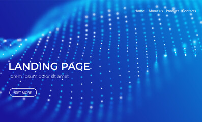 Abstract landing page background with blue particles. Flow wave with dot landscape. Digital data structure. Future mesh or sound grid. Pattern point visualization. Technology vector illustration.