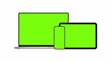 animated modern devices mockups: laptop, tablet, phone with green screens
