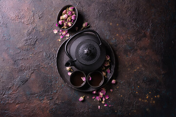 Black japanese cast iron teapot with tea of dry roses