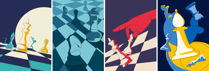 Wall Mural - Collection of posters with chess pieces. Placard designs in doodle style.