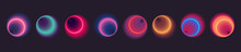 Futuristic Glowing Radial Gradient Set. Technology Smooth Vintage Colorful Gradients For Modern Trend Design. Cyber Neon Sci Fi Gradient Set Palette - Pink, Red, Purple, Yellow, Blue Colors Collection