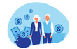 © panchanok - Senior retirement couple with coins and banknotes savings vector illustration. Happy retirement, financial investment planning, pension and savings concept