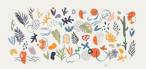 Abstract trendy doodle in organic freehand matisse art style. Hand drawn various Shapes and objects. Contemporary modern icons templates for posters, Social media. Vector