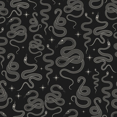 Hand drawn celestial seamless pattern with snakes and stars. Witchy texture for backgrounds, fabrics, wrapping paper.