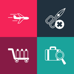 Sticker - Set pop art Lost baggage, Trolley, No scissors and Plane icon. Vector