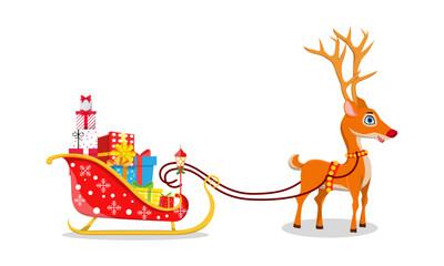 Beautiful Santa Clause sleigh standing with reindeer on white background with full of gift boxes isolated