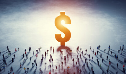 Wall Mural - people walk to big usd dollar symbol.