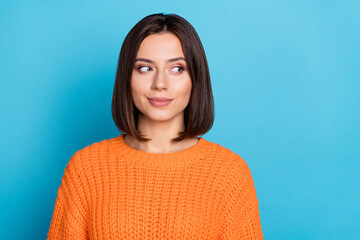 Sticker - Portrait of attractive girlish cheerful girl looking aside overthinking isolated over bright blue color background