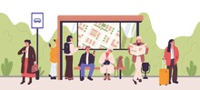 People Waiting Public Transport At Modern Bus Stop. Passengers With Newspaper, Mobile Phone, Luggage Sitting On Bench And Standing. Commuters Citizens At Municipal Station. Flat Vector Illustration