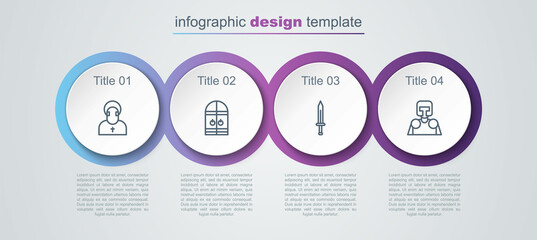 Poster - Set line Monk, Medieval castle gate, sword and knight. Business infographic template. Vector